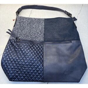 Darling's Boho Blue Patchwork Hand & Shoulder Bag Tweed Leather Wool Hippy Hobo